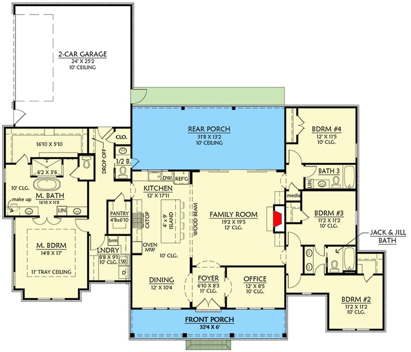 Plan 56573SM: Modern Farmhouse House Plan with 4 Bedrooms and Split Bedroom Layout - Floor Plan - - Country, Farmhouse, Modern Farmhouse, New American, Southern