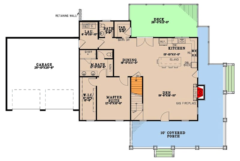 Plan 70973MK: Two-Bedroom Rustic Farmhouse House Plan with Two-Story Great Room and Wrap-Around Porch - Floor Plan - Main Level - Farmhouse, Rustic