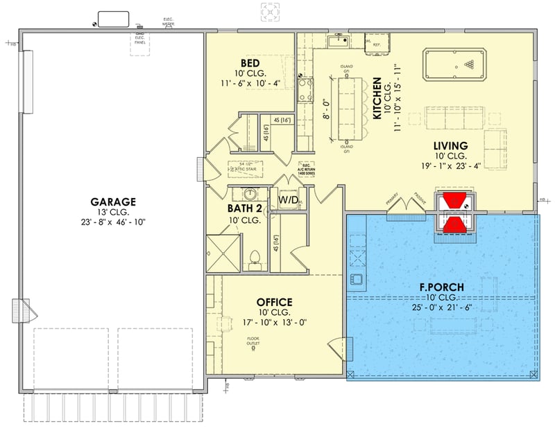 Plan 185045PHD: Two-Bedroom Ranch House Plan with Expansive Tandem Garage - Floor Plan - - Ranch, Southern, Traditional