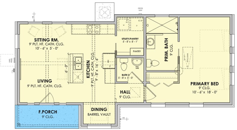 Plan 185046PHD: Charming One Bedroom Cottage House Plan with Open Living Concept - Floor Plan - - Cottage, Ranch, Traditional
