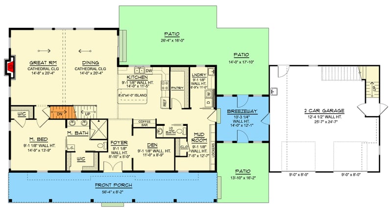 Plan 135430GRA: Modern Farmhouse House Plan with Two Master Suites and Bonus Room - Floor Plan - Main Level - Country, Farmhouse, Modern Farmhouse, New American