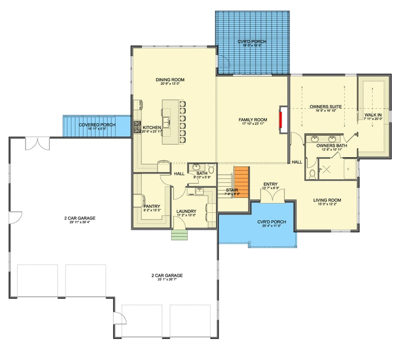 Plan 61758UT: Traditional Farmhouse House Plan with 3 Bedrooms and Massive 6-Car Tandem Garage - Floor Plan - Main Level - Craftsman, Farmhouse, Traditional