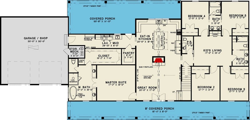Plan 700512SND: Spacious Five Bedroom Barndominium Farmhouse House Plan with Attached Two-Car Garage - Floor Plan - - Barndominium, Farmhouse