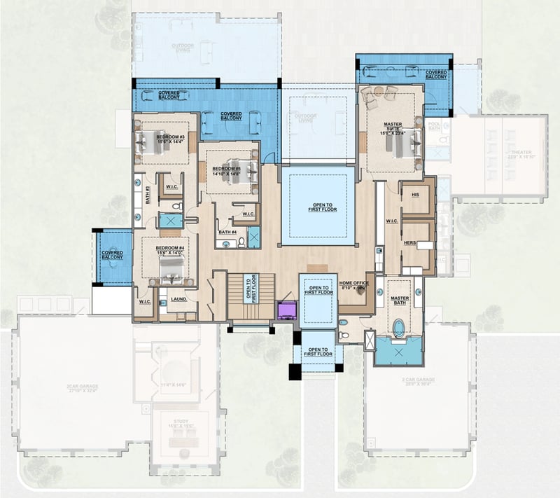 Plan 65760BS: Luxury Coastal Modern House Plan with 6 Bedrooms and Elevator - Floor Plan - 2nd Level - Coastal, Contemporary, Florida-Style, Modern