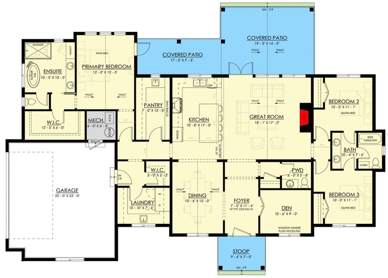 Plan 270132AF: Farmhouse House Plan with 3 Bedrooms and Vaulted Ceilings - Floor Plan -  - Country, Farmhouse, Ranch, Traditional