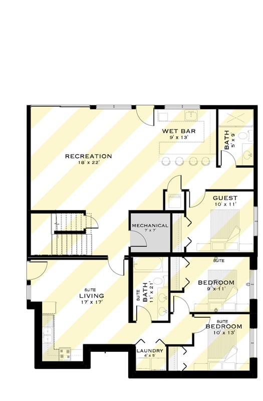 Plan 147071RML: Contemporary Modern House Plan with 3 Bedrooms and Two Story Great Room - Floor Plan - Optionally Finished Basement - Contemporary, Modern