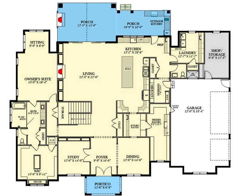 Plan 46540LA: Modern Transitional Farmhouse House Plan with 4 Bedrooms and Workshop Space - Floor Plan -  - Farmhouse, Modern Farmhouse, New American, Transitional