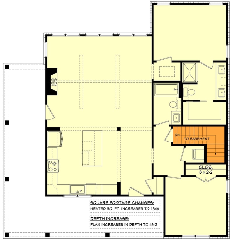 Plan 52049HZ: Modern Farmhouse House Plan with Two Bedrooms and Wraparound Porch - Floor Plan - Basement Stairs Location - Cottage, Country, Farmhouse, Modern Farmhouse