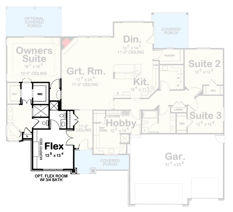 Plan 42765DB: Modern Craftsman House Plan with 3-Car Garage and Split Bedrooms - Floor Plan - Optional Flex Room - Craftsman, Modern Farmhouse, Ranch, Traditional