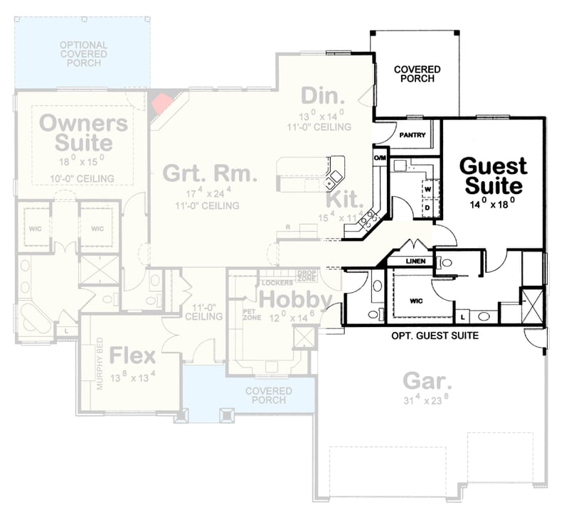 Plan 42765DB: Modern Craftsman House Plan with 3-Car Garage and Split Bedrooms - Floor Plan - Optional Guest Suite - Craftsman, Modern Farmhouse, Ranch, Traditional
