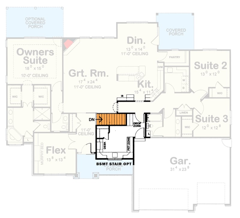 Plan 42765DB: Modern Craftsman House Plan with 3-Car Garage and Split Bedrooms - Floor Plan - Optional Basement Stairs - Craftsman, Modern Farmhouse, Ranch, Traditional