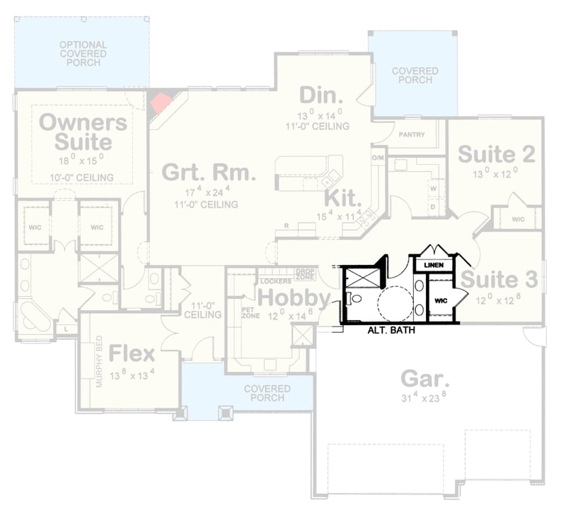 Plan 42765DB: Modern Craftsman House Plan with 3-Car Garage and Split Bedrooms - Floor Plan - Alternate Bathroom - Craftsman, Modern Farmhouse, Ranch, Traditional