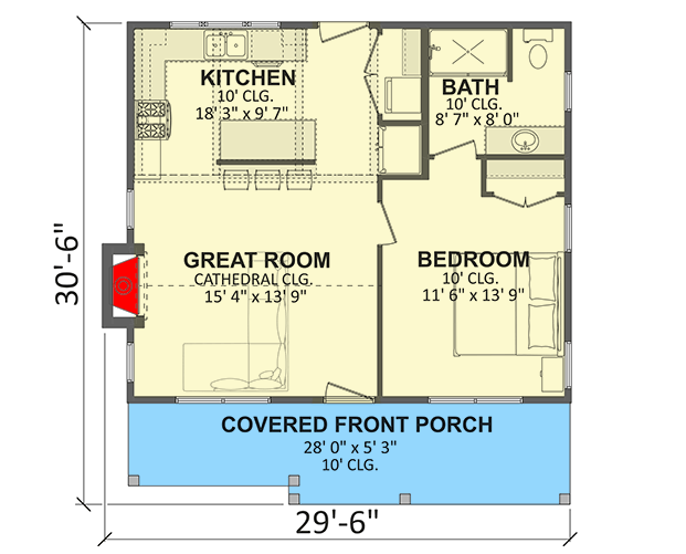 Plan 911075JVD: Charming Modern Farmhouse House Plan with One Bedroom and Porch - Floor Plan - - Cape Cod, Cottage, Country, Craftsman, Modern Farmhouse