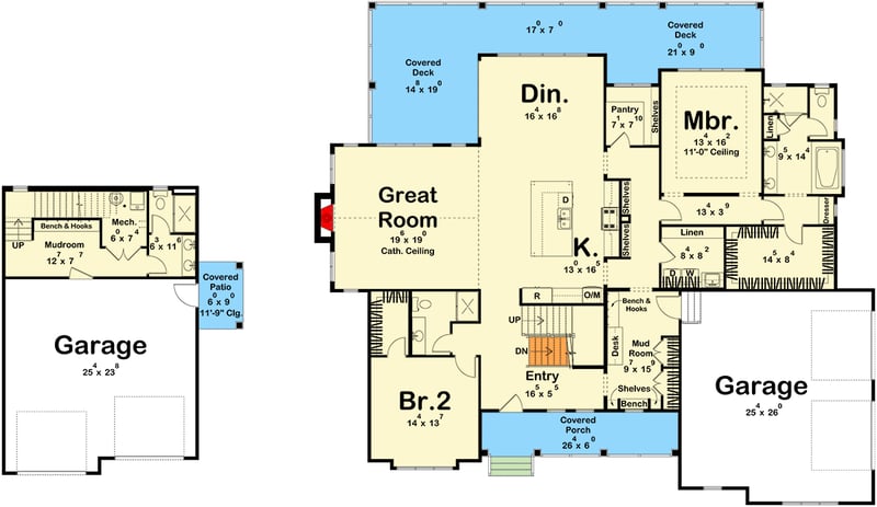 Plan 623653DJ: Sprawling Four-Bedroom Farmhouse House Plan with Four-Car Garage and Wraparound Porch - Floor Plan -  - Farmhouse
