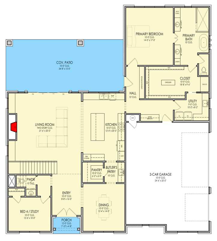 Plan 880018HLN: New American Farmhouse House Plan with 3 Bedrooms and Two Story Great Room - Floor Plan - Main Level - Farmhouse, Modern Farmhouse, New American