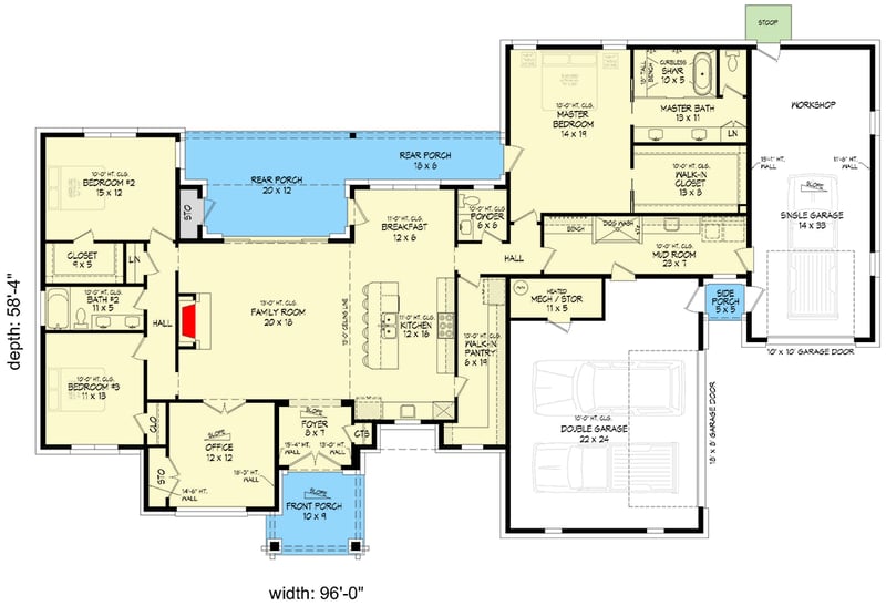 Plan 680695VR: Modern Three Bedroom House Plan with RV Garage and Split Layout - Floor Plan - - Modern, Mountain