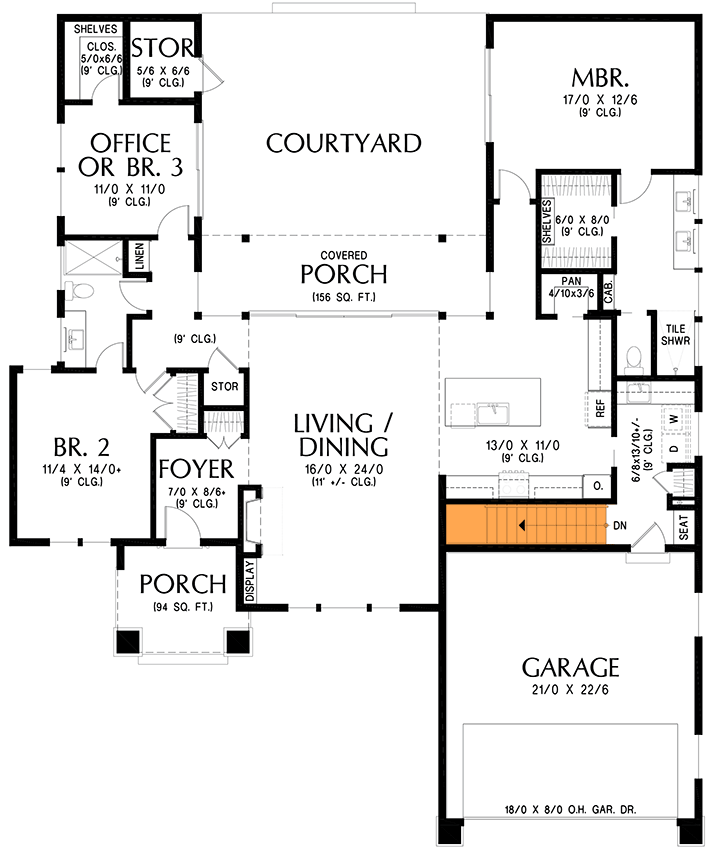 Plan 69924AM: Modern Craftsman House Plan with Courtyard and Three Bedrooms - Floor Plan - Main Level - Basement Stairs Location - Craftsman, Northwest, Ranch, Scandinavian