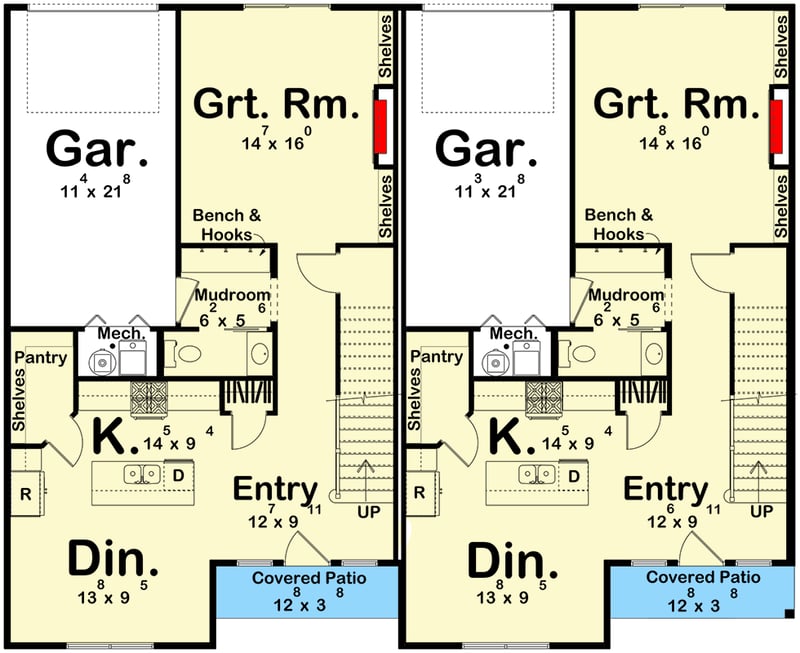 Plan 623655DJ: Modern Farmhouse Duplex House Plan with Three Bedrooms and Smart Layout - Floor Plan -  - Modern Farmhouse, Traditional