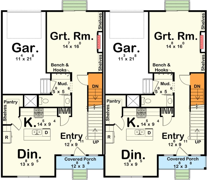 Plan 623655DJ: Modern Farmhouse Duplex House Plan with Three Bedrooms and Smart Layout - Floor Plan - Main Level - Basement Stairs Location - Modern Farmhouse, Traditional