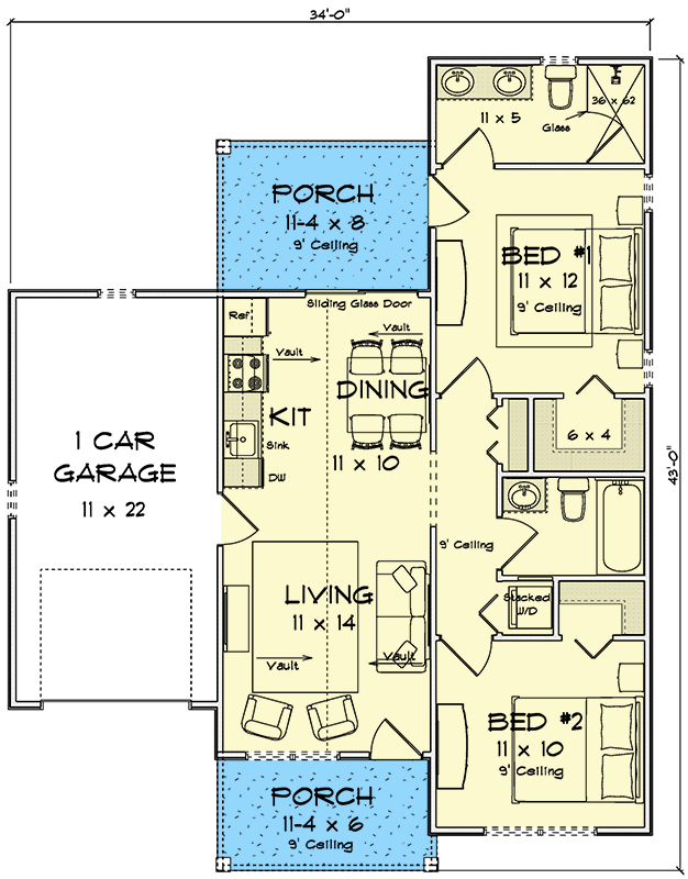 Plan 52558WM: Cozy Two Bedroom Cottage House Plan with Attached One Car Garage - Floor Plan -  - Cottage, Country, Craftsman, Traditional