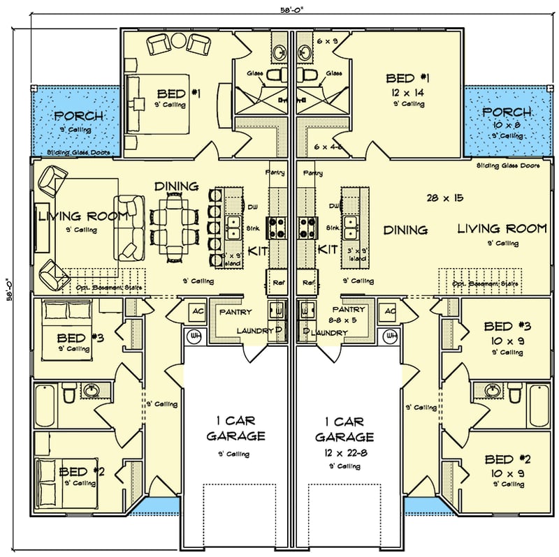 Plan 52563WM: Charming Country Duplex House Plan with Three Bedrooms and Attached Garages - Floor Plan - - Country, Traditional
