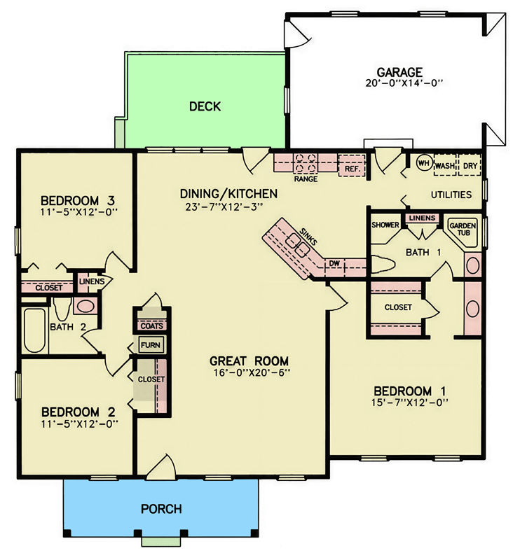 Plan 25963GE: Traditional Ranch House Plan with Three Bedrooms and Front Porch - Floor Plan - Main Level - Ranch, Traditional