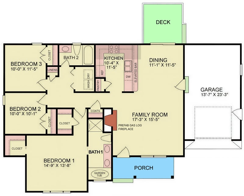 Plan 25964GE: Traditional Ranch House Plan with Three Bedrooms and One Car Garage - Floor Plan - - Ranch, Traditional