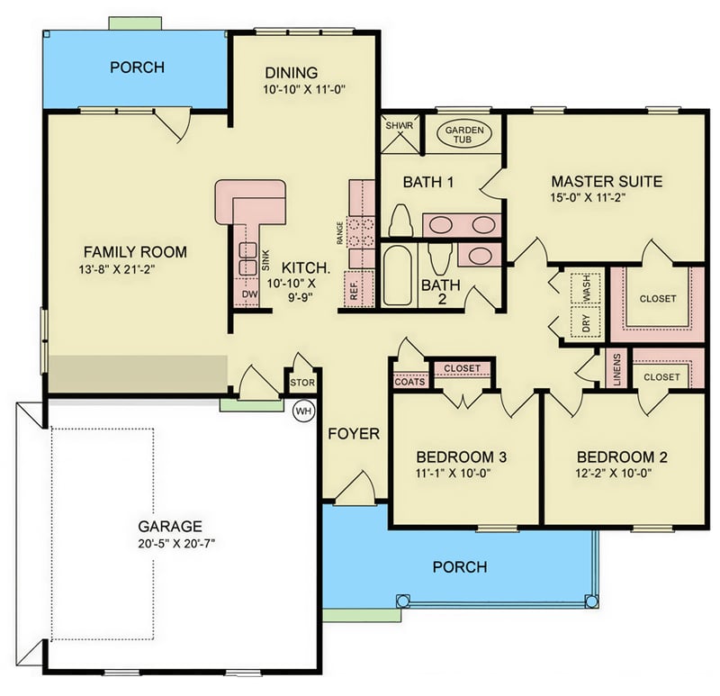 Plan 25968GE: Craftsman Ranch House Plan with Three Bedrooms and Front Porch - Floor Plan - - Craftsman, Ranch, Traditional