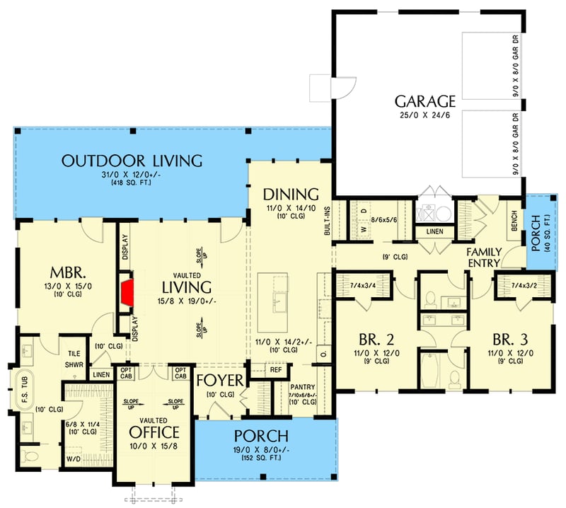 Plan 69925AM: Modern Farmhouse House Plan with Split Bedrooms and Vaulted Office - Floor Plan -  - Country, Farmhouse, Modern Farmhouse, New American, Ranch