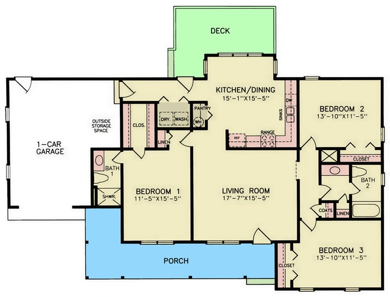 Plan 25977GE: Traditional Ranch House Plan with Three Bedrooms and Attached Garage - Floor Plan - - Ranch, Traditional