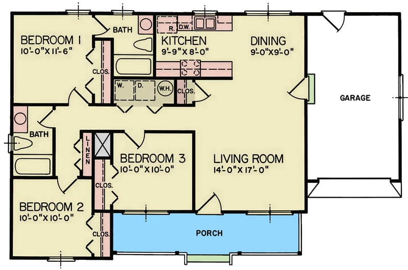 Plan 25979GE: Three Bedroom Ranch House Plan with Attached One Car Garage - Floor Plan -  - Ranch, Traditional