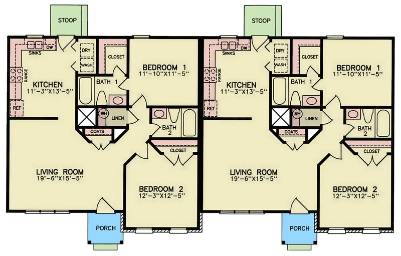 Plan 25991GE: Multifamily House Plan with Two Bedrooms and Two Baths - Floor Plan - - Ranch, Traditional