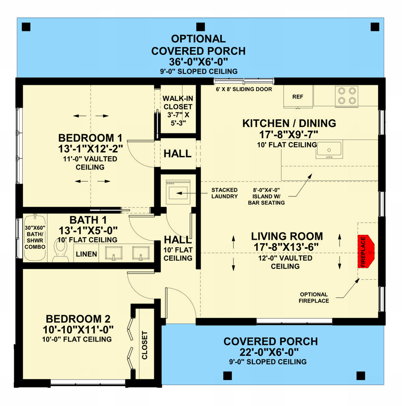 Plan 420199WNT: Cottage House Plan with Two Bedrooms and Vaulted Ceilings - Floor Plan -  - Cottage, Country, Craftsman
