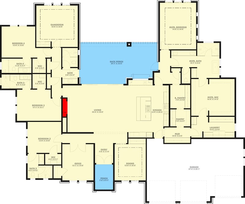 Plan 150027HRP: Contemporary Hill Country House Plan with Four Bedrooms and Three-Car Garage - Floor Plan -  - Contemporary, Hill Country, Modern, Transitional
