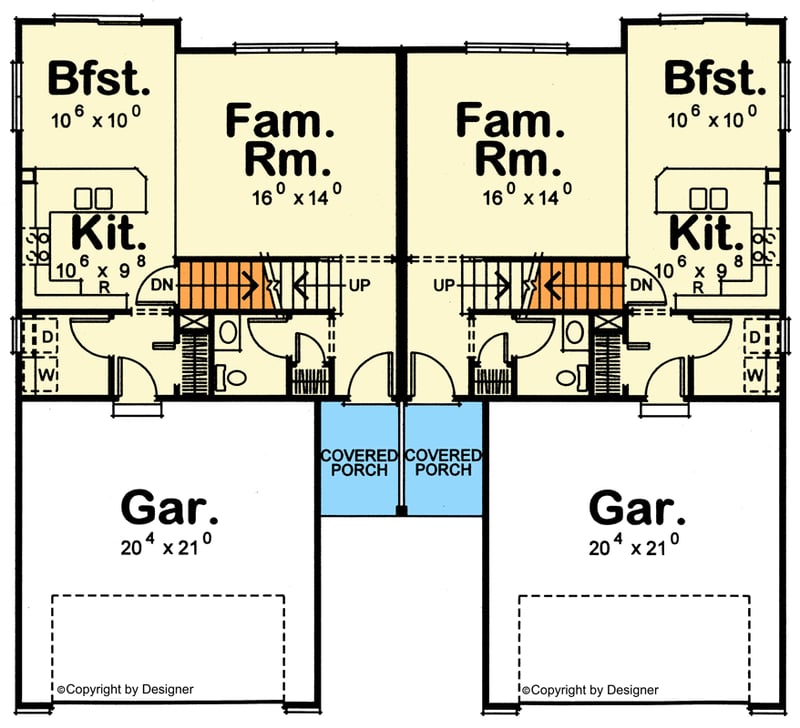 Plan 42769DB: Traditional Multifamily House Plan with Three Bedrooms and Attached Garages - Floor Plan - Main Level - Traditional