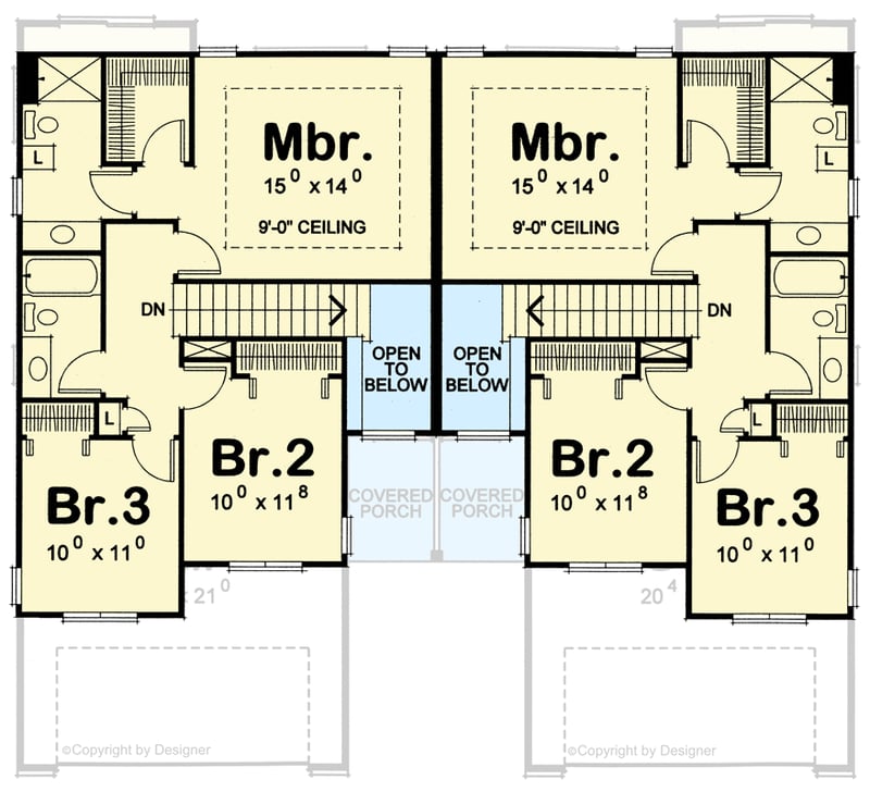 Plan 42769DB: Traditional Multifamily House Plan with Three Bedrooms and Attached Garages - Floor Plan - 2nd Level - Traditional