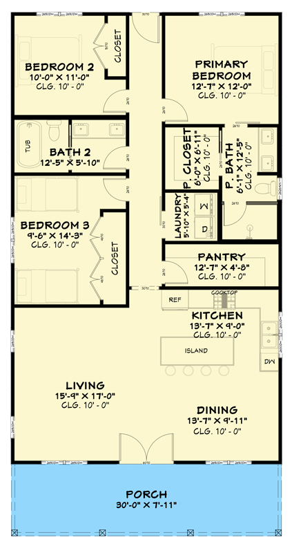 Plan 850048PKE: Three Bedroom Farmhouse House Plan with Inviting Front Porch - Floor Plan -  - Country, Farmhouse, Ranch