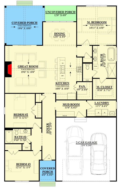 Plan 930005TLR: Modern Farmhouse House Plan with 3 Bedrooms and 2-Car Garage - Floor Plan -  - Modern Farmhouse, New American, Southern