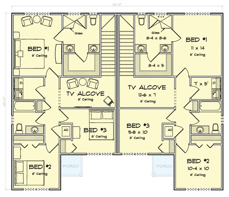 Plan 52566WM: Traditional Three Bedroom Duplex House Plan with Private Garages - Floor Plan -  - Traditional