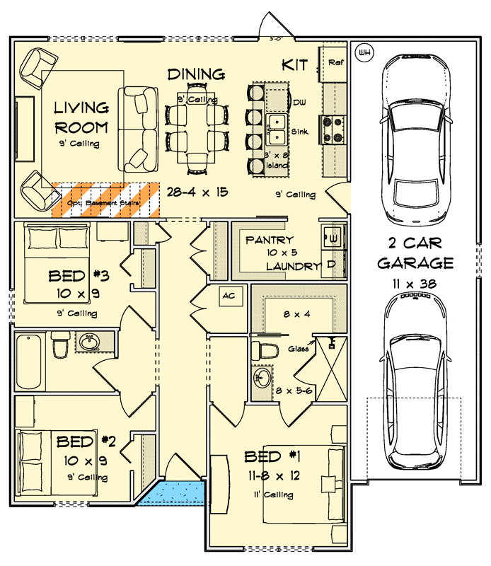 Plan 52572WM: Modern Ranch House Plan with 3 Bedrooms and 2-Car Garage - Floor Plan - - Craftsman, Modern, Ranch