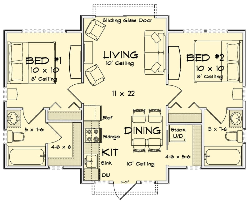 Plan 52573WM: Two Bedroom Cottage House Plan with Efficient Single Level Living - Floor Plan -  - Cottage, Ranch