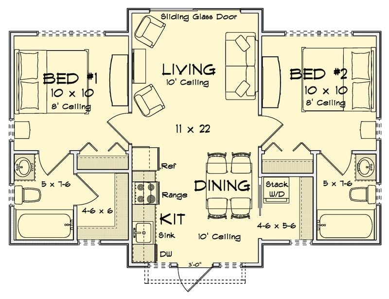 Plan 52574WM: Contemporary Two Bedroom Ranch House Plan with Efficient 645 Square Feet - Floor Plan -  - Contemporary, Cottage, Ranch