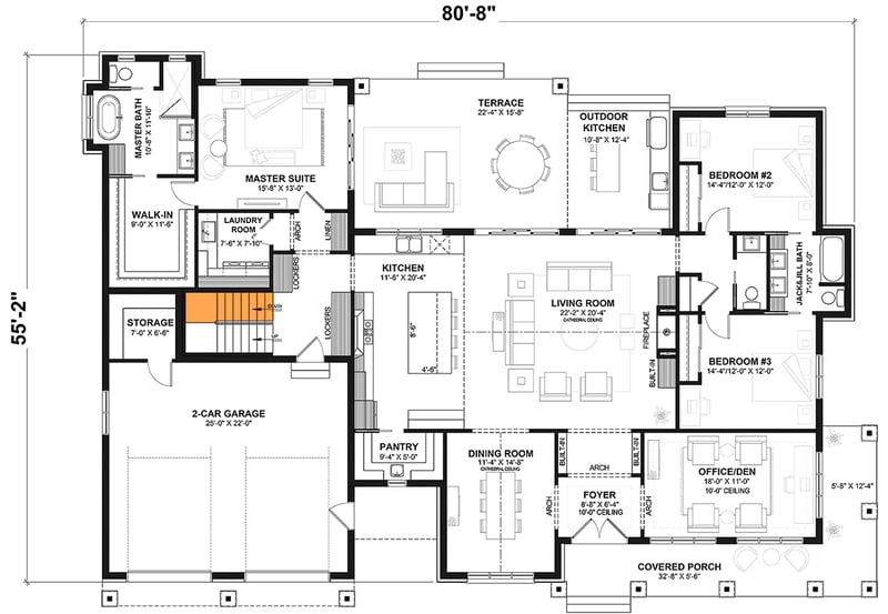 Plan 22750DR: Modern Farmhouse House Plan with 3 Bedrooms and Wraparound Porch - Floor Plan - Main Level - Basement Stairs Location - Farmhouse, Modern Farmhouse, New American