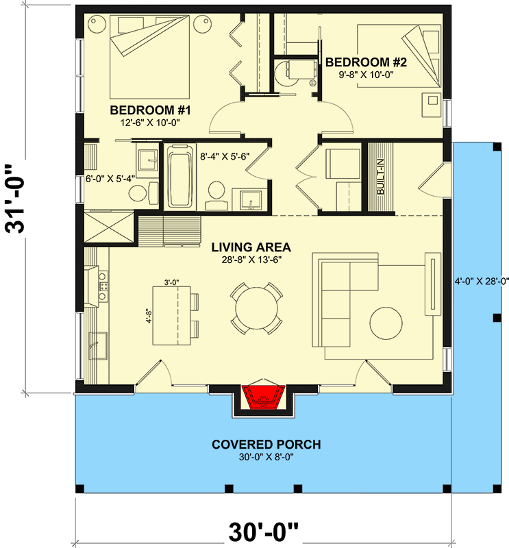 Plan 22751DR: Modern Cabin House Plan with Two Bedrooms and Wraparound Porch - Floor Plan -  - Cabin, Modern