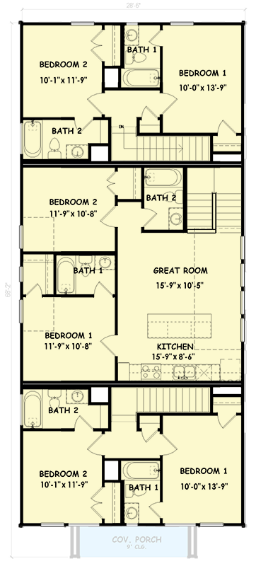 Plan 100374GHR: Traditional Triplex House Plan Featuring Three Modern Two-Bedroom Units - Floor Plan - - Traditional