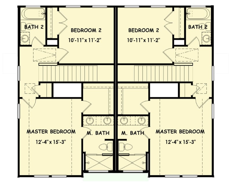 Plan 100375GHR: Transitional Two-Unit Multifamily House Plan with Three Bedrooms Per Unit - Floor Plan - 2nd Level - Contemporary, Transitional