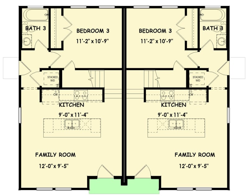 Plan 100375GHR: Transitional Two-Unit Multifamily House Plan with Three Bedrooms Per Unit - Floor Plan - Mian Level - Contemporary, Transitional