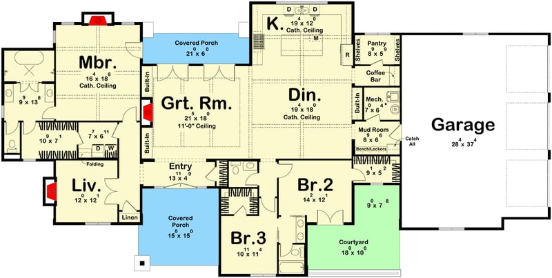 Plan 623657DJ: Hill Country House Plan with 3 Bedrooms and 3-Car Garage - Floor Plan - - Hill Country, New American