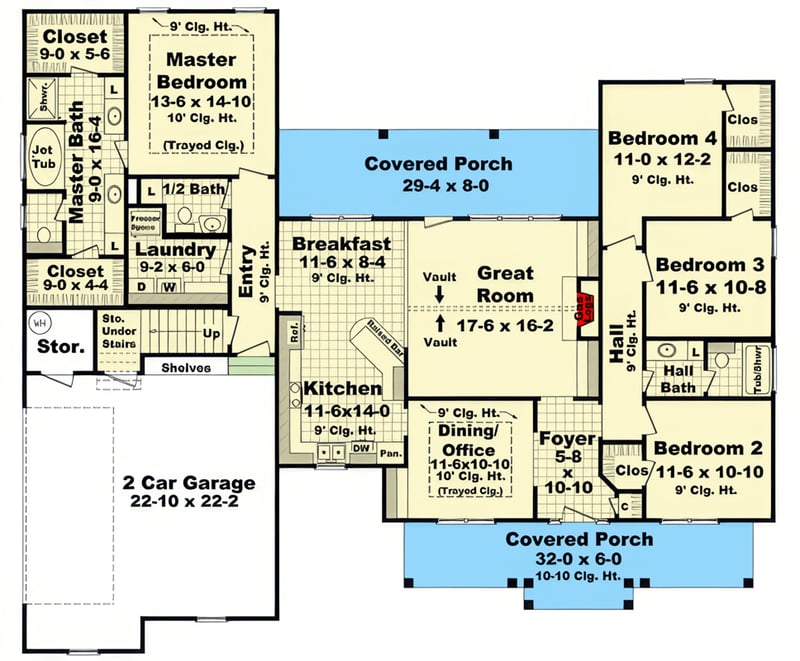 Plan 51389MM: Spacious Country Ranch House Plan with Four Bedrooms and Bonus Room - Floor Plan - Main Level - Country, Ranch, Traditional
