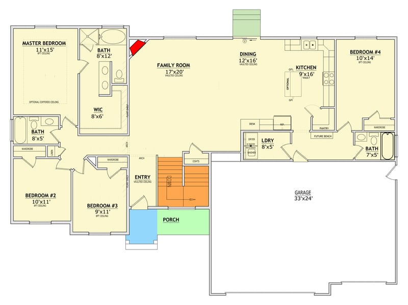 Plan 849124PGE: Craftsman Inspired Four Bedroom House Plan with Three Car Garage - Floor Plan - Main Level - Country, Craftsman, Farmhouse, New American, Traditional